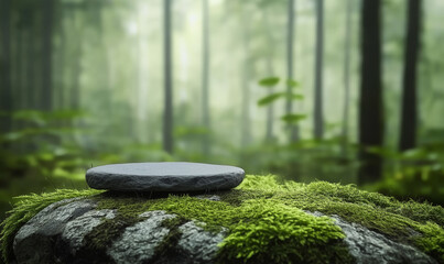 Moss-covered rock in a lush forest, featuring a smooth circular stone slab, creating a calm and serene nature scene with abundant greenery in a blurred forest background