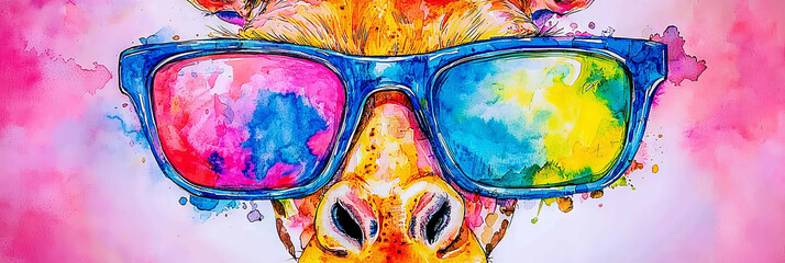 Canvas Print - Close-up of a giraffe wearing sunglasses, watercolor art.