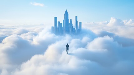 A lone hiker walks towards a distant city that appears to be floating in the clouds, symbolizing the pursuit of a dream or a distant goal.