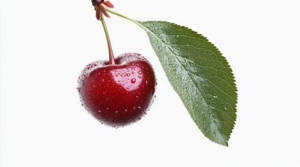 Single Red Cherry with Dew Drops and Leaf