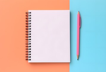 Pastel Blue & Pink Notebook with Pencil on Orange Background