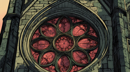 Detail shot: rose window surrounded by stone tracery in a gothic revival structure, magazine style illustration. Gothic Revival. Illustration