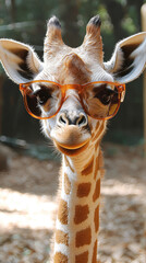 Sticker - A young giraffe wearing sunglasses looks directly at the camera with a silly grin.