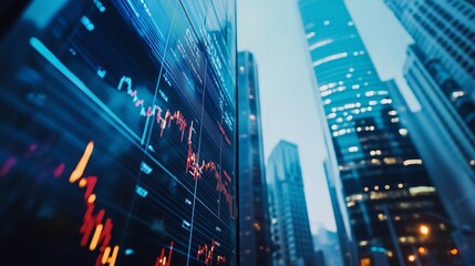 Poster - Financial data displayed on a screen with skyscrapers in a modern urban setting during twilight hours
