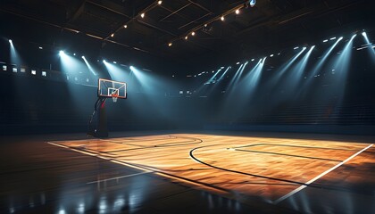 Wall Mural - Tension and Excitement on an Empty Basketball Court Illuminated by Spotlights