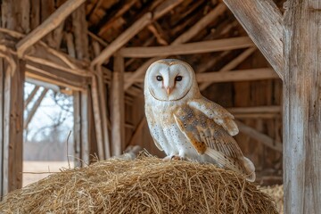 Wall Mural - A Barn Owl Perched on a Hay Bale Inside a Barn