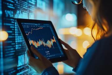 Poster - Person analyzing stock market data with a tablet in a modern office environment at night, illuminated by glowing screens