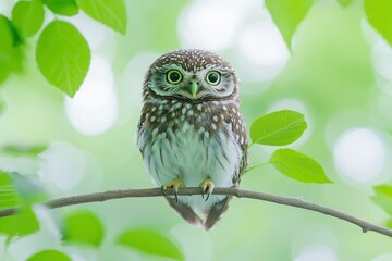 Wall Mural - A Small Owl Perched on a Branch with Green Leaves in the Background