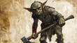 © Thiago - Digital painting of a primitive goblin with a war axe on aged paper background for spot book interior - fantasy illustration. Goblin. Illustration