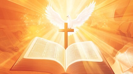 A serene display of a wooden crucifix and an open Bible illuminated by sunlight with a dove symbolizing peace