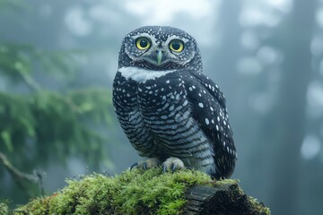 Wall Mural - A Spotted Owl Perched on Moss-Covered Log in Foggy Forest