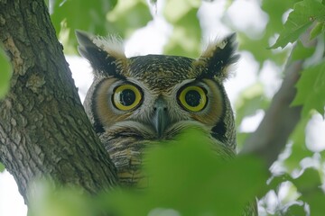 Wall Mural - Great Horned Owl Perched in a Tree with Green Foliage