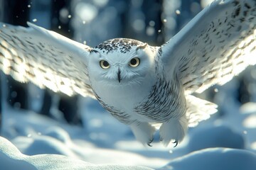 Wall Mural - Snowy Owl in Flight with Blurry Background