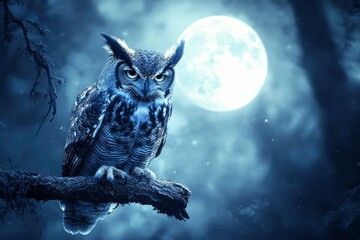 Wall Mural - A Great Horned Owl Perched on a Branch Under a Full Moon