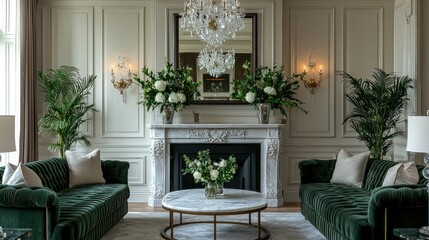 A living room with a fireplace and a large mirror. The room is decorated with green furniture and plants