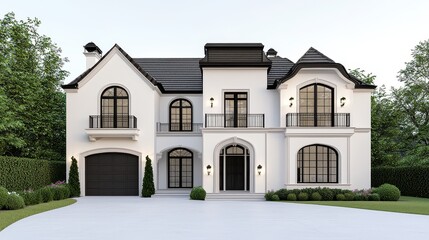 Wall Mural - A large white house with a black roof and black trim. The house has a lot of windows and a black garage door. The house is surrounded by a green bush and has a driveway leading up to it