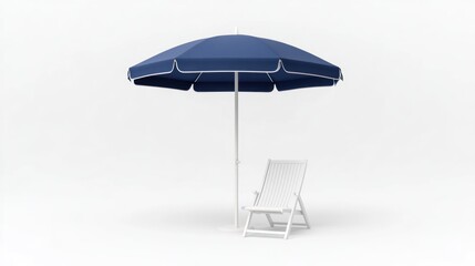 Blue Beach Umbrella with a White Folding Chair