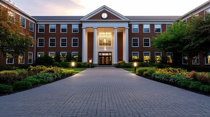 A large brick building with a clock tower and a large clock on the front. The building is surrounded by a garden and has a large courtyard