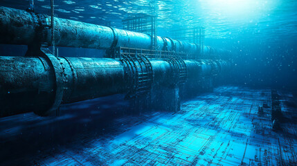 Factory piping equipment is underwater in the ocean