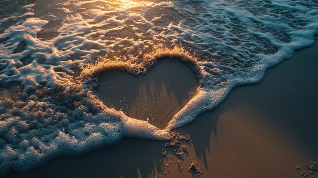 A heart symbol drawn in the sand, with a wave washing it away, representing love and trust lost due to betrayal.