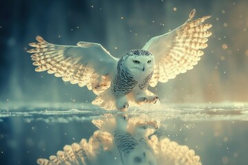 Wall Mural - Snowy Owl Landing on Icy Water with Wings Spread