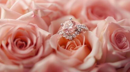 Wall Mural - diamond engagement ring on pink roses