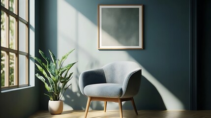 Poster - A cozy living room corner with a blue armchair, a plant, and a framed picture. The room is bathed in warm sunlight streaming through a large window.