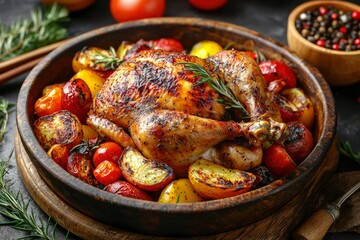 Wall Mural - Roasted Chicken with Potatoes and Tomatoes in a Wooden Bowl