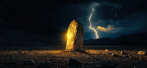 A single, large rock stands in the middle of a field, glowing with light. A lightning bolt strikes in the distance and stars are visible in the night sky.