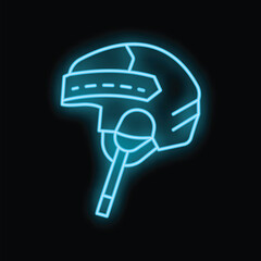 Wall Mural - Blue neon icon of a hockey helmet glowing on a black background