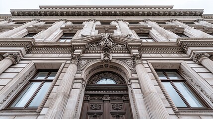 the building has a lot of windows and a large door. the door is brown and has a fancy design. the bu