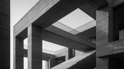 A black and white photo of a building with a large open space in the middle. The building has a lot of stairs and a bridge that connects the two sides. Scene is one of grandeur and elegance