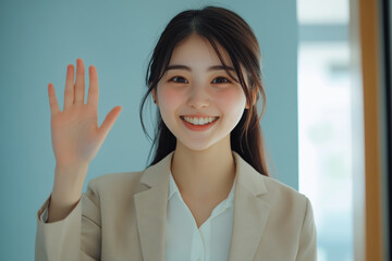 A young businesswoman is presenting and smiling in the office, holding out her hand to guide you