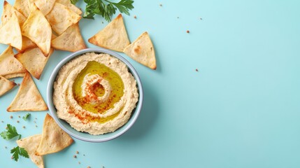 Wall Mural - Creamy hummus topped with olive oil and spices, served with crispy pita chips.