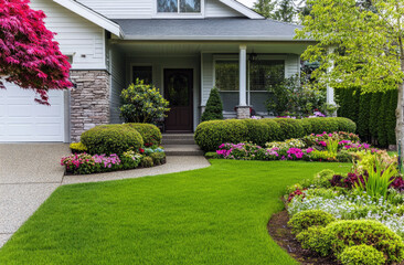 A clean and well-maintained front yard of an American home, featuring neatly trimmed hedges, colorful flower beds, lush green grass, and a beautiful house with large windows