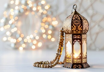 Ramadan Lantern and Rosary with Bokeh Lights