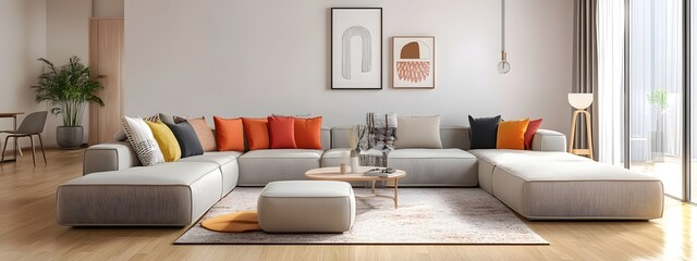 Cozy and inviting modern living room with a large comfortable sectional sofa and minimalist stylish decor  The vibrant textiles and decorative accents add pops of color