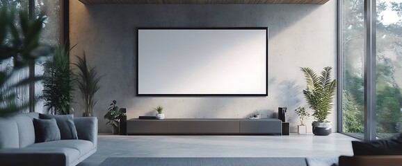 Wall Mural - Minimalist living room with a large blank canvas, sofa, and plants.