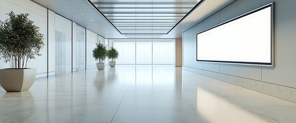 Poster - Blank billboard in a modern lobby with two potted plants.