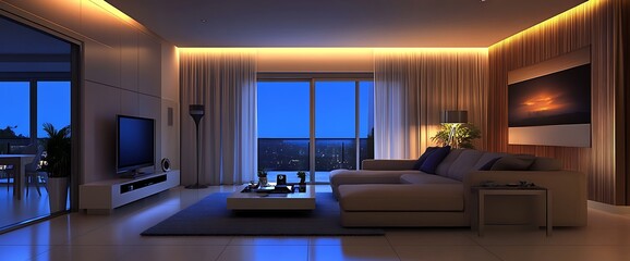 Poster - Modern living room with large windows, a sectional sofa, a flat-screen TV, and a coffee table.