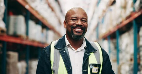 Poster - Logistics, mature man and face in factory for inspection, stock control or supply chain management. Warehouse, supervisor or portrait with helmet for import maintenance, distribution or export safety