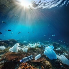 underwater view of plastic pollution and microplastics threatening marine wildlife in ocean