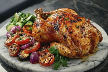 Roasted Chicken with Glazed Vegetables on a Marble Platter