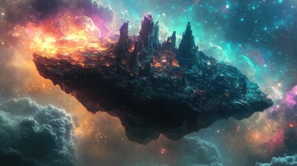 A mysterious island floating in space, surrounded by glowing, colorful nebulae, with strange ancient ruins scattered across its surface.