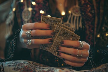 Mysterious hands holding tarot cards with soft lighting