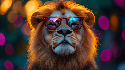 A lion wearing sunglasses, looking cool and confident.