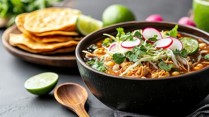 Wall Mural - A bowl of soup with a spoon and a plate of tortillas. The bowl of soup is full of vegetables and has a garnish of radishes and lime