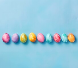 Colorful Easter Eggs Row on Blue Background