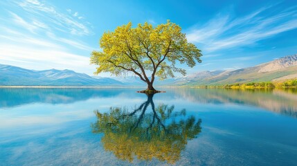 Sticker - tree perfectly reflected in a crystal-clear lake, with a mountain range visible in the background under a vibrant blue sky