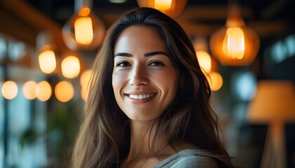 Confident and Joyful Woman Radiating Positivity in a Bright Modern Indoor Space